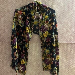 Long floral scarf, blue, pink, yellow purple flowers